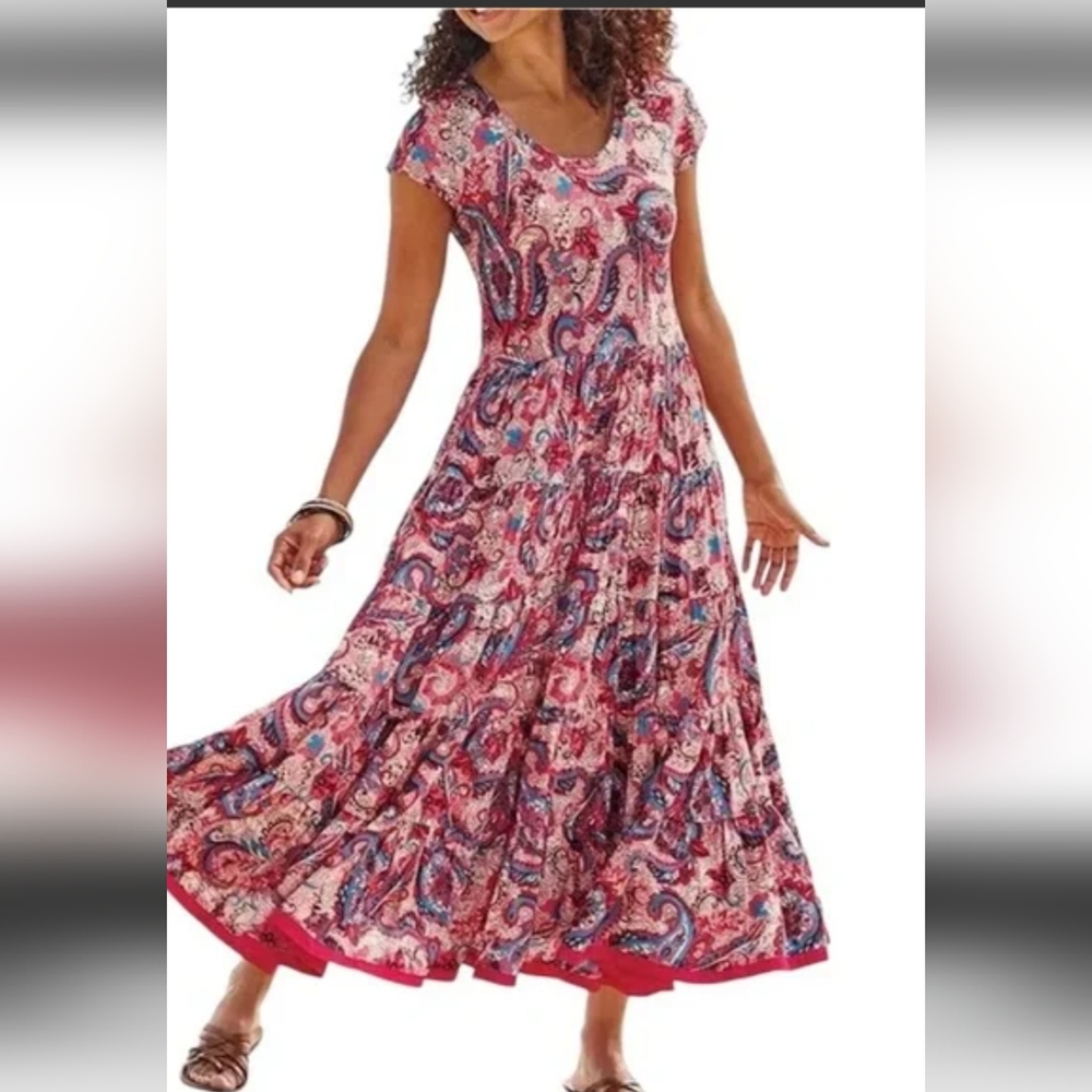 SOFT SURROUNDINGS   Kara Tiere and Red Floral Maxi Sundress with Cap Sleeves.New